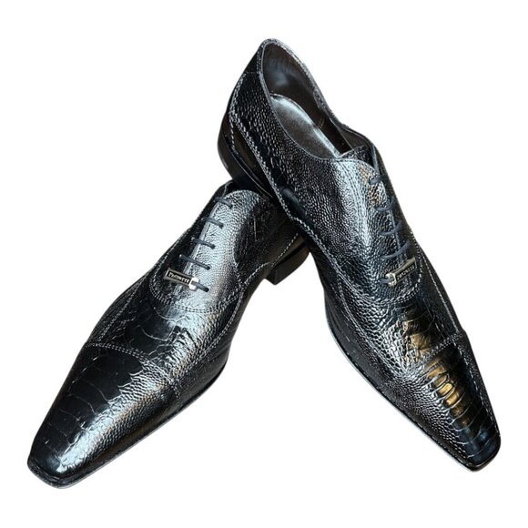 CESARE PACIOTTI LUXURIOUS BLACK GENUINE OSTRICH OXFORDS ITALIAN DESIGNER SHOES